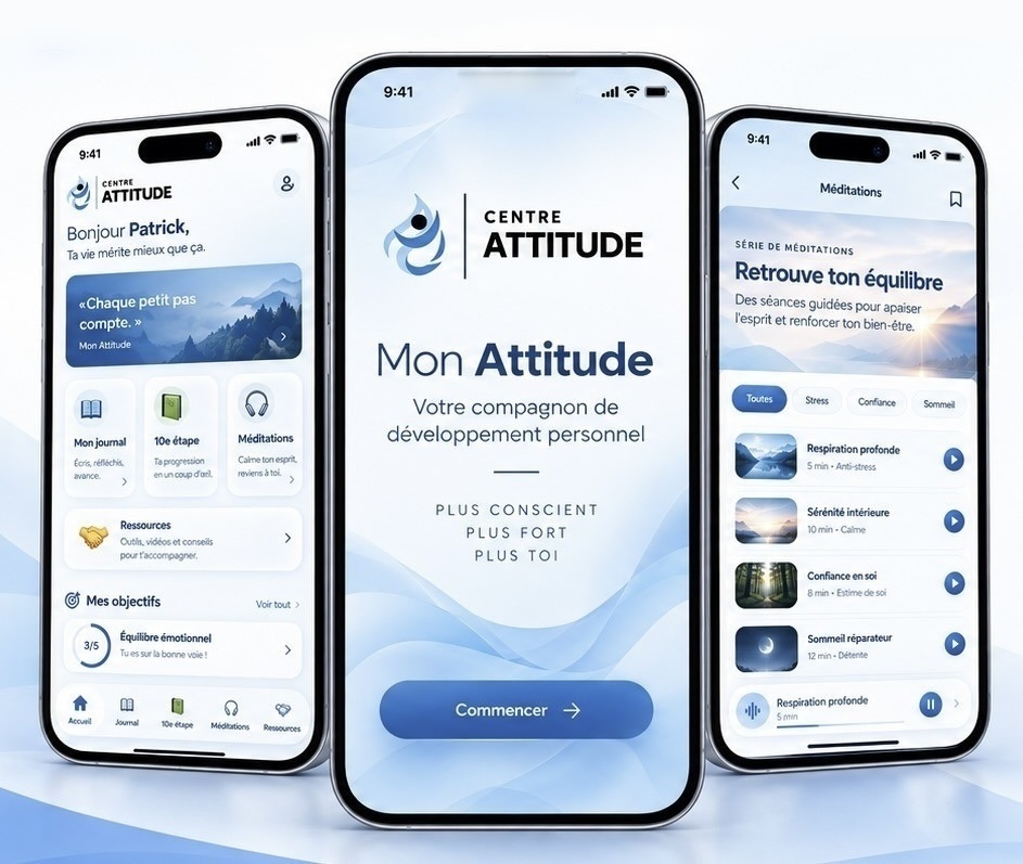 Aperçu de l’application Mon Attitude : accueil, journal et méditations