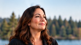 Femme souriante devant un lac des Laurentides