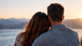 Couple enlacé face à un lac au coucher du soleil