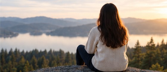 Une femme contemple un lac des Laurentides au lever du soleil